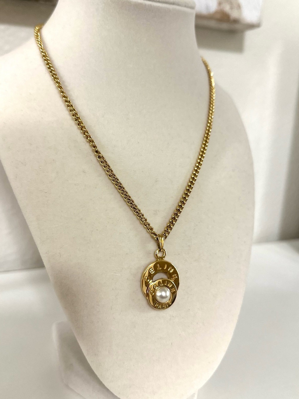 CELINE Gold Pendant Necklace with Pearl Center